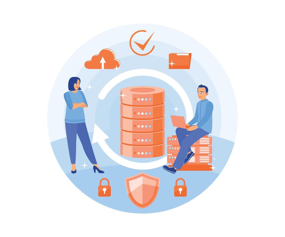 Man and woman working in data center. Storing files on a server connected to cloud computing. Database concept. Flat illustration. vector