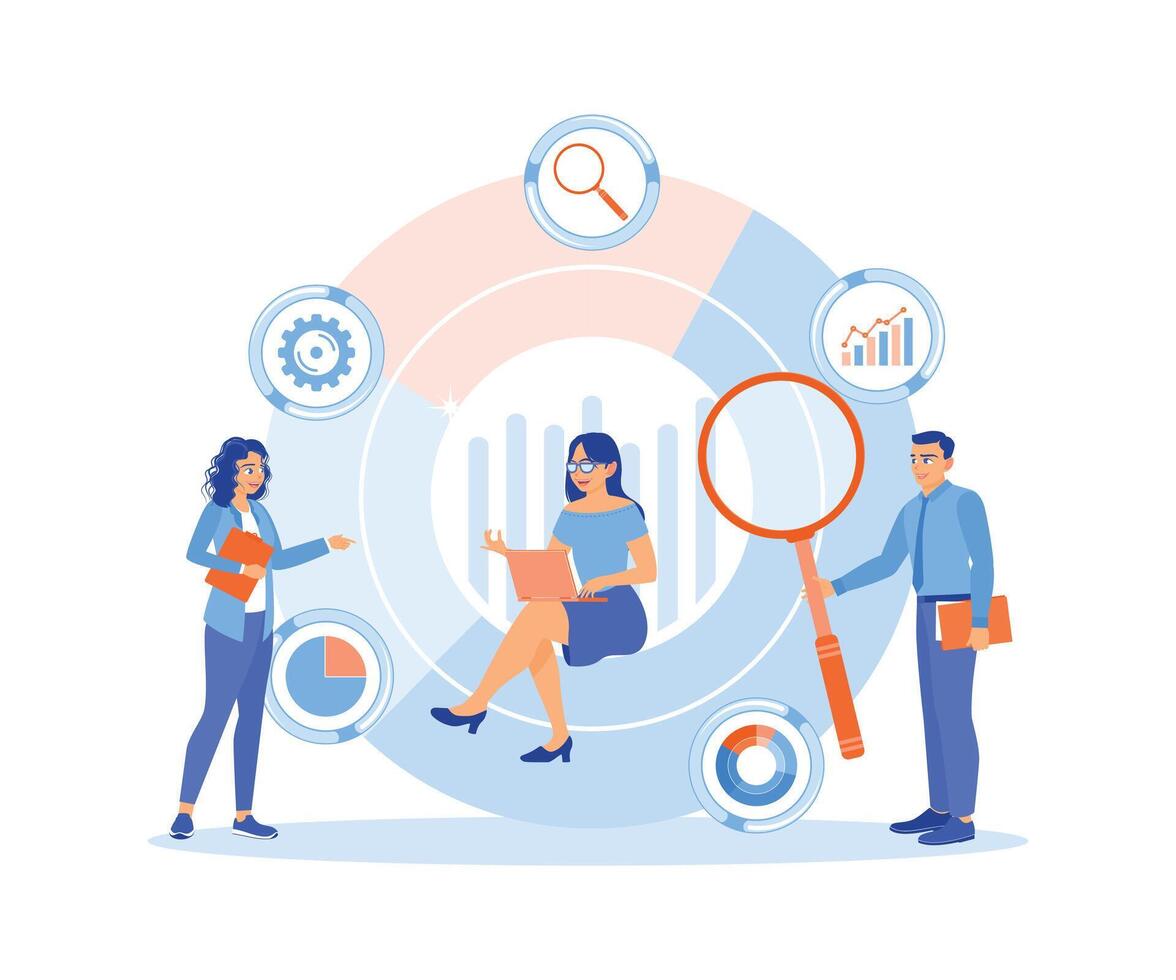 Office worker analyzes data, graphs, and charts. Create reports for presentations. Data Analysis concept. Flat illustration. vector