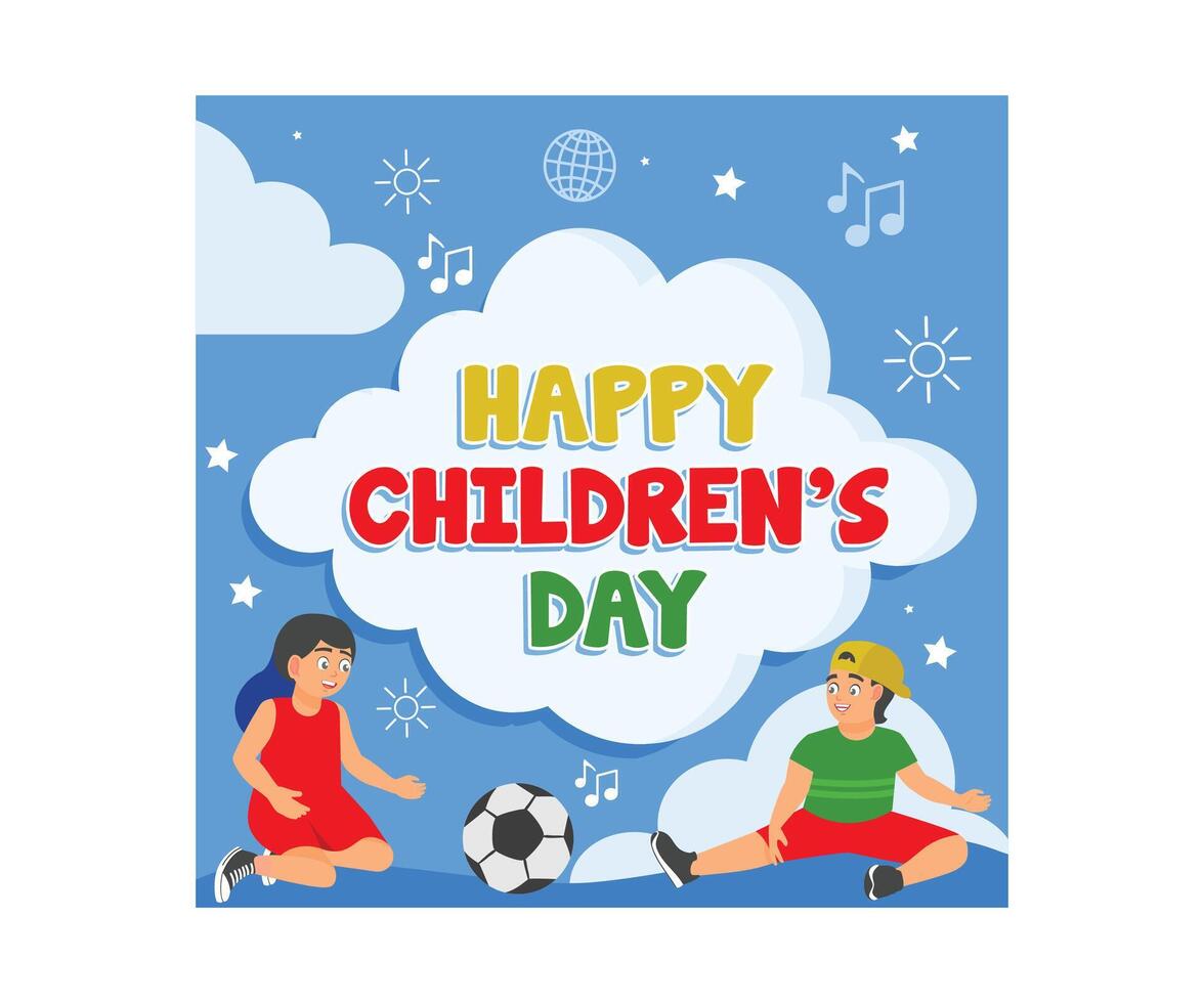 Boys and girls with cheerful faces playing ball together. Happy children day. Children Day concept. Flat illustration. vector