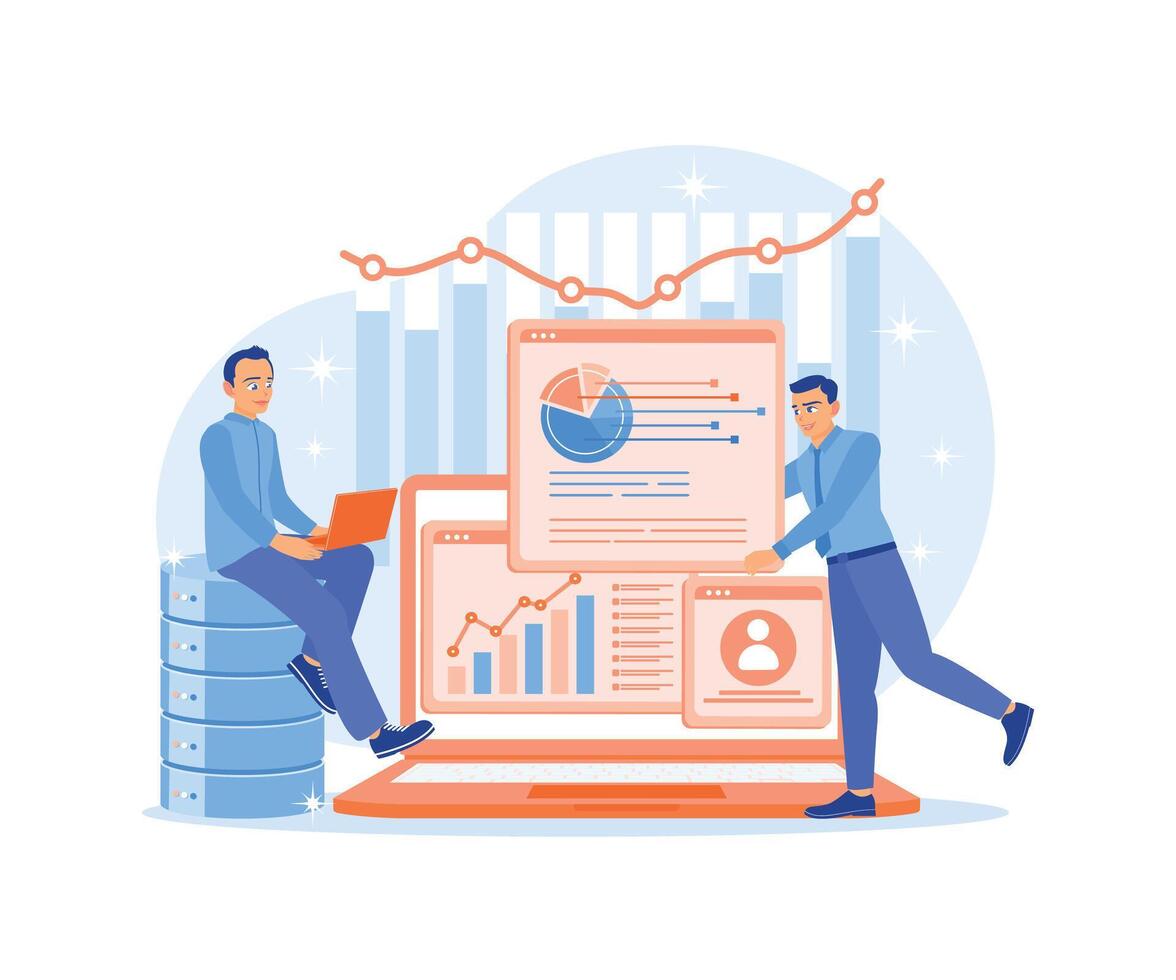 Workers analyze digital information. Store data in a secure database. Data Management concept. Flat illustration. vector