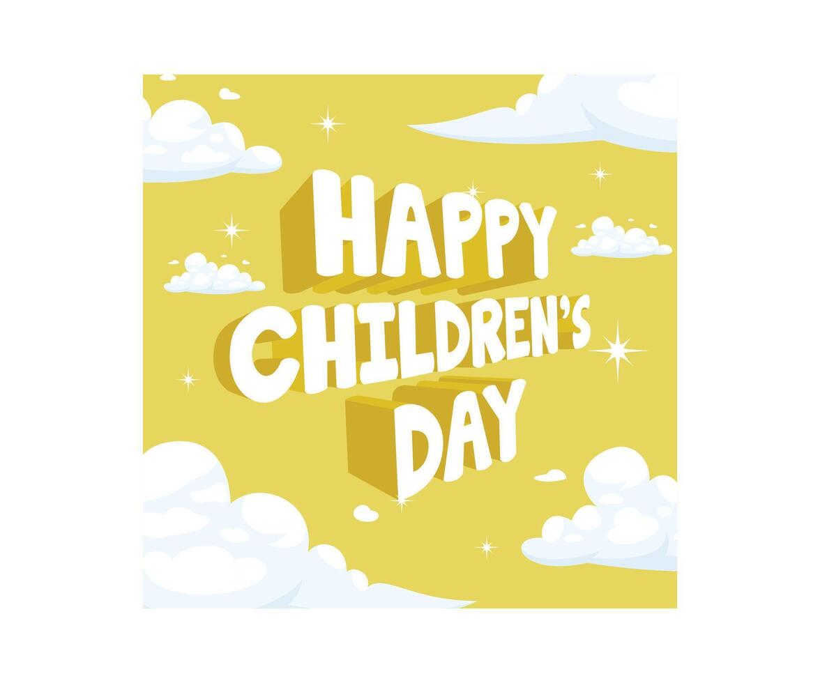 Writing happy children day among the clouds in the sky. A children world full of fun. Children Day concept. Flat illustration. vector