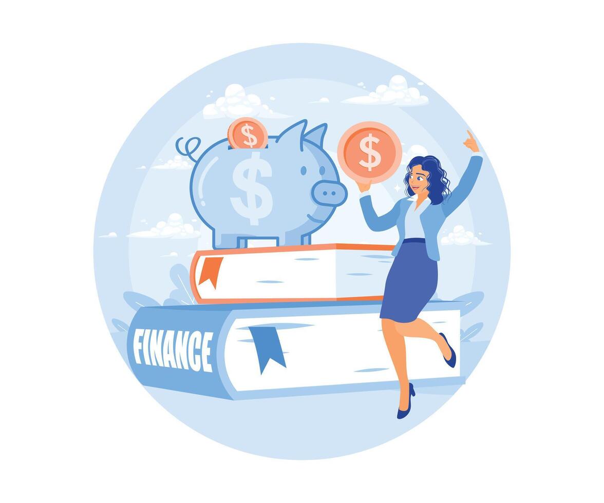 A young woman saves money in a piggy bank. Invest in future education. Financial education concept. Flat illustration. vector