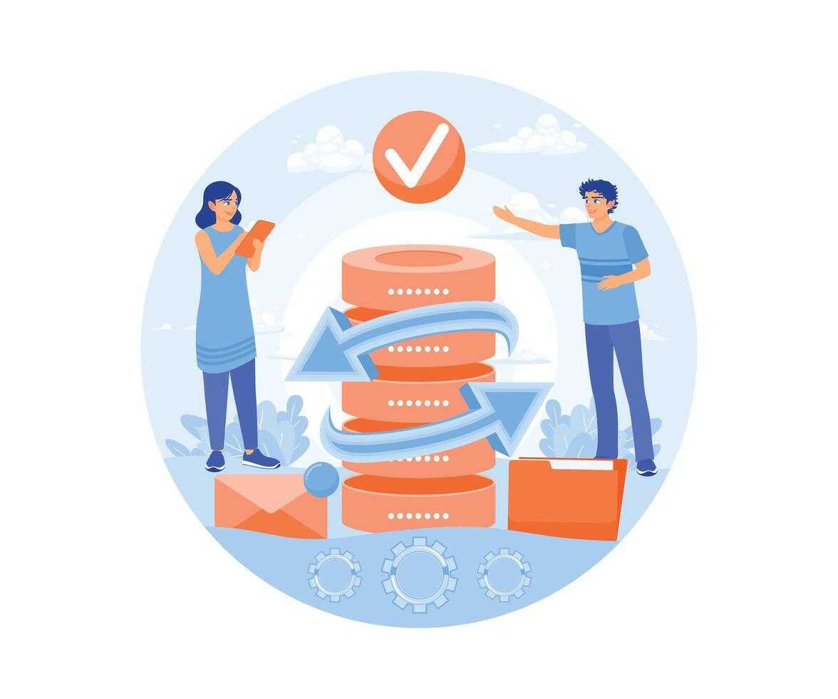 People store files on servers. Protect and back up data. Protects data from hacking. Database concept. Flat illustration. vector