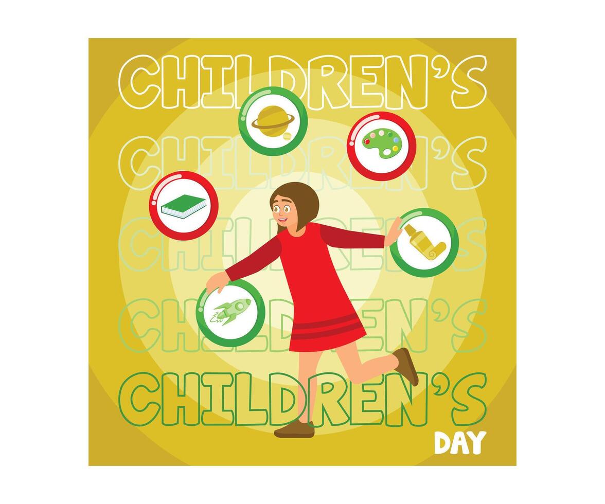 A cheerful little girl with a vast imagination. National children day. Children Day concept. Flat illustration. vector