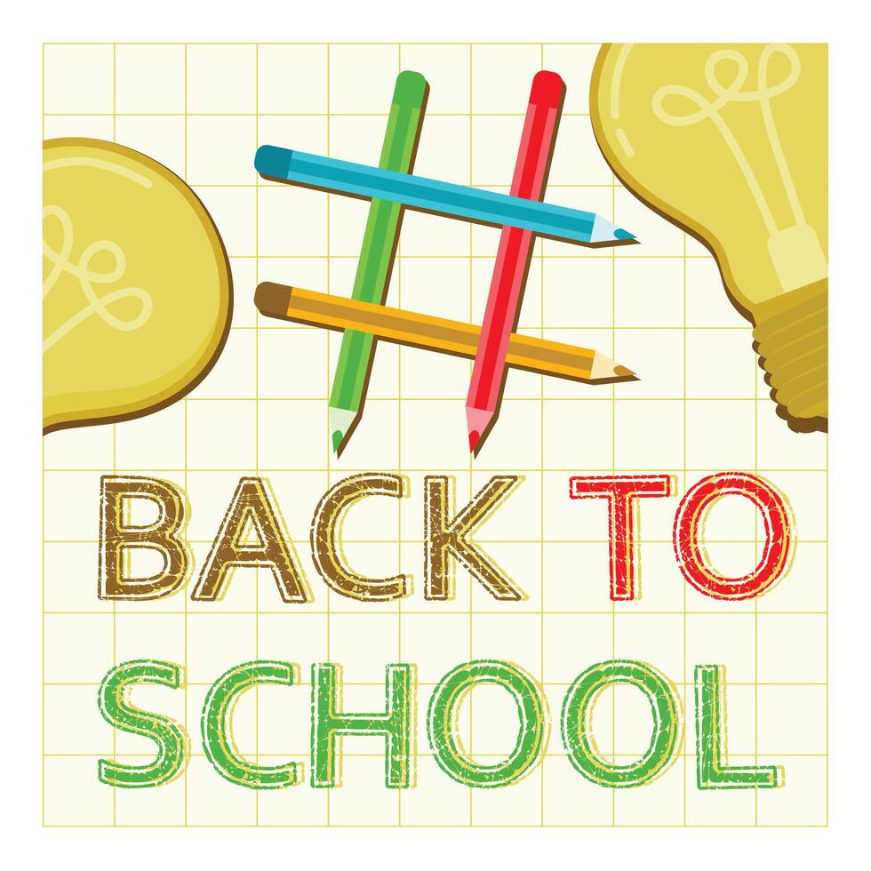 Colored pencils arranged in a square shape. A small square of paper with a picture of a yellow light bulb. Back to school concept. Flat illustration. vector