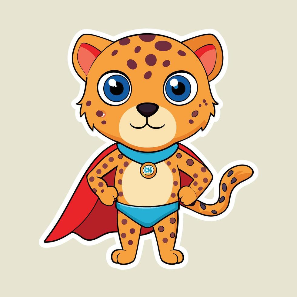 Adorable Sticker of a Baby Cheetah with a Superpower Cape Pretending to Be a Superhero vector