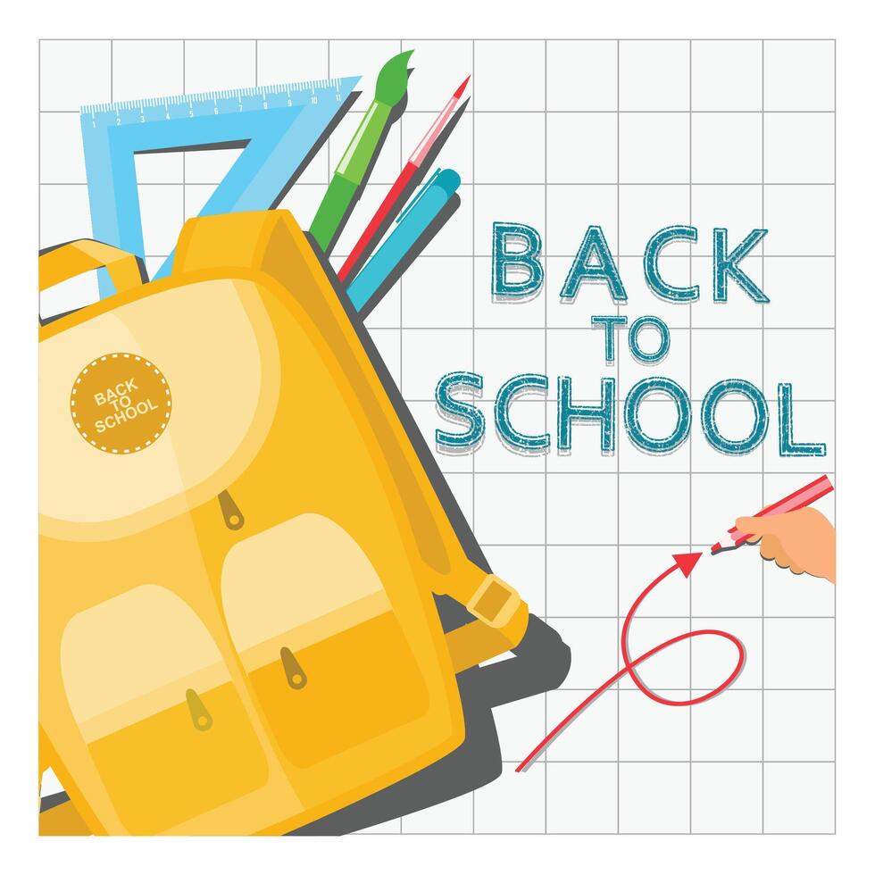 Yellow backpack and stationery. Back to school writing on small square paper. Back to school concept. Flat illustration. vector