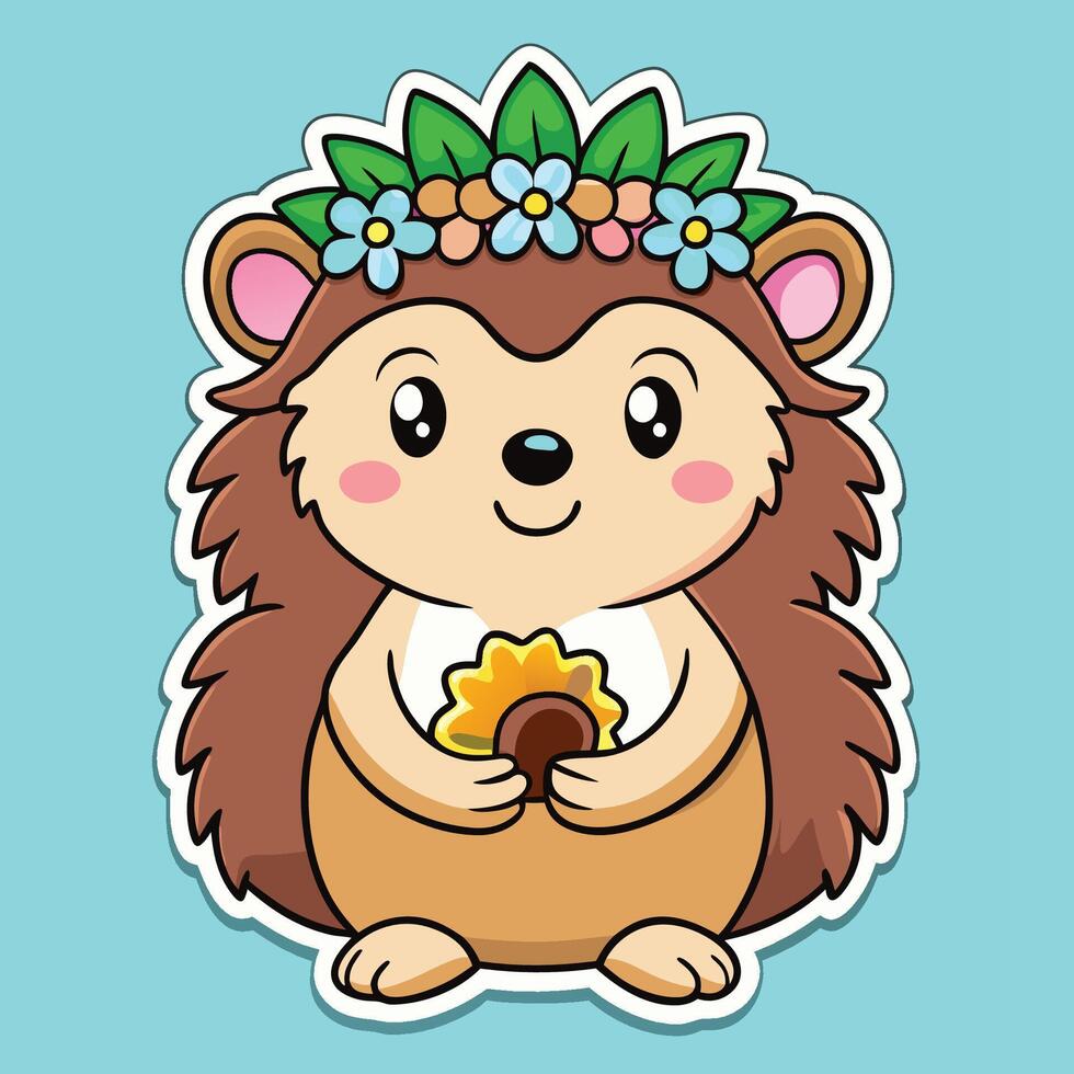 Animated Sticker of an Adorable Hedgehog with a Vibrant Flower Crown vector