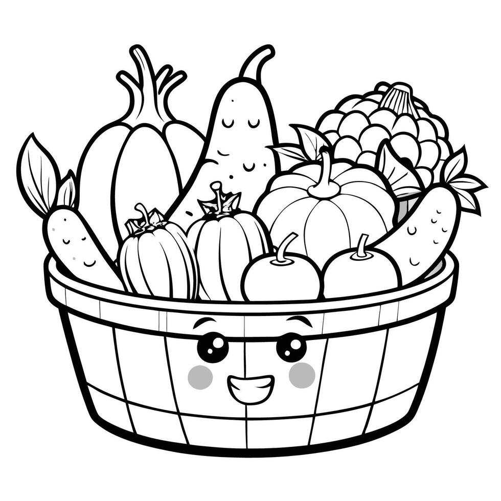 Delightful Coloring Page of a Basket Filled with Smiling Fresh Produce vector