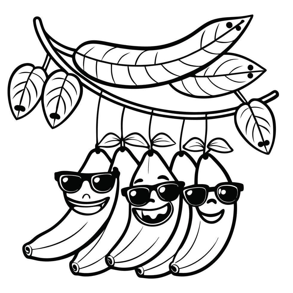 Detailed Coloring Page of Bananas Hanging from a Tree Branch vector