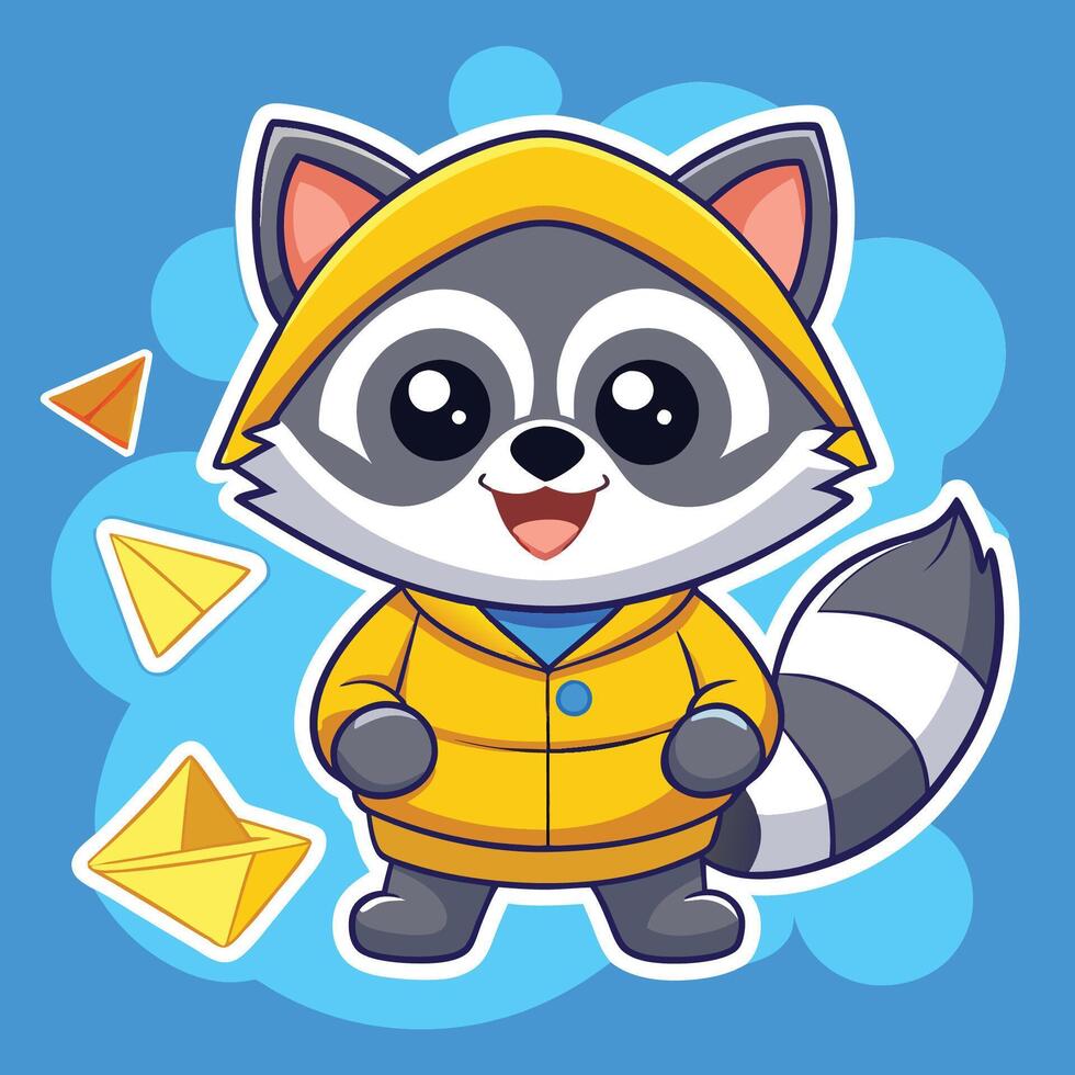 Adorable Baby Raccoon in a Raincoat Sticker with a Playful Pose vector
