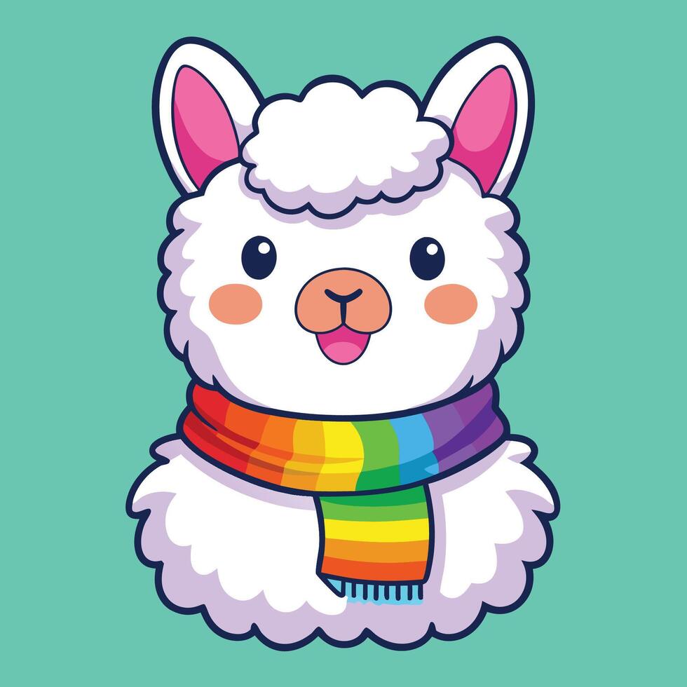Adorable Sticker of a Fluffy Alpaca Adorned with a Vibrant Rainbow Scarf vector