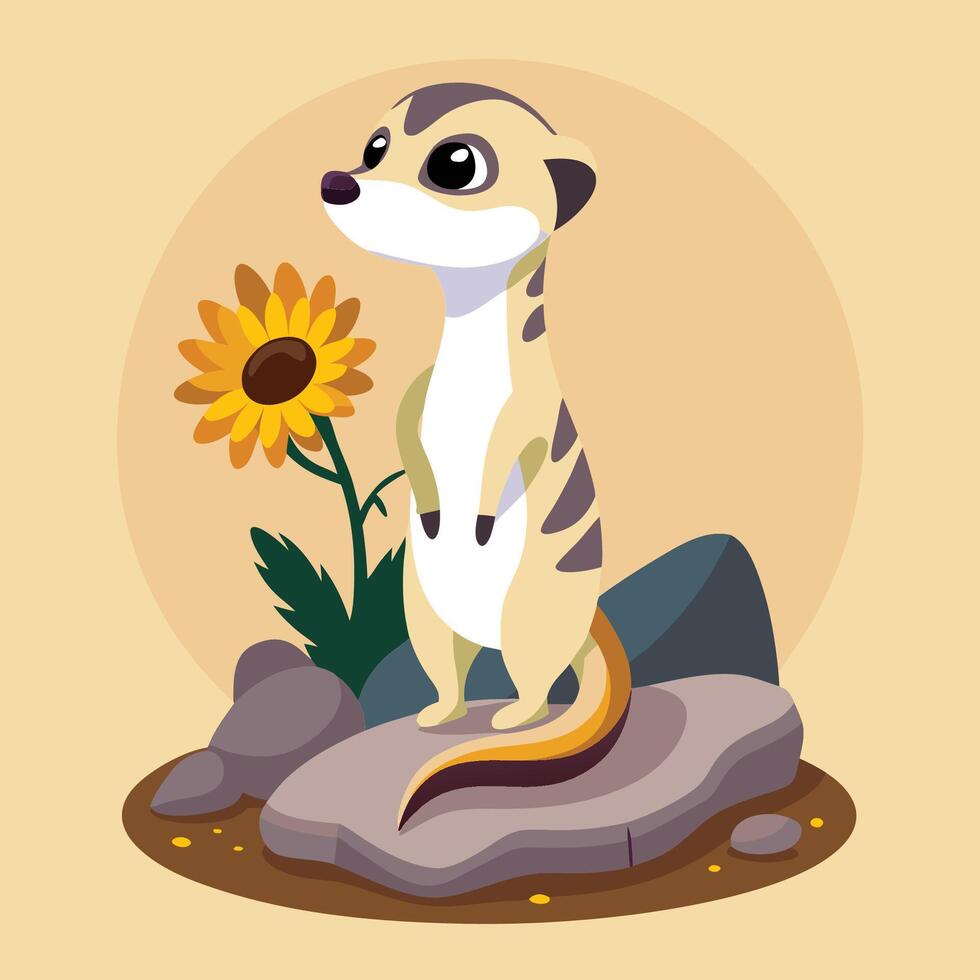 Adorable Meerkat Sticker Adorned with a Blooming Sunflower vector