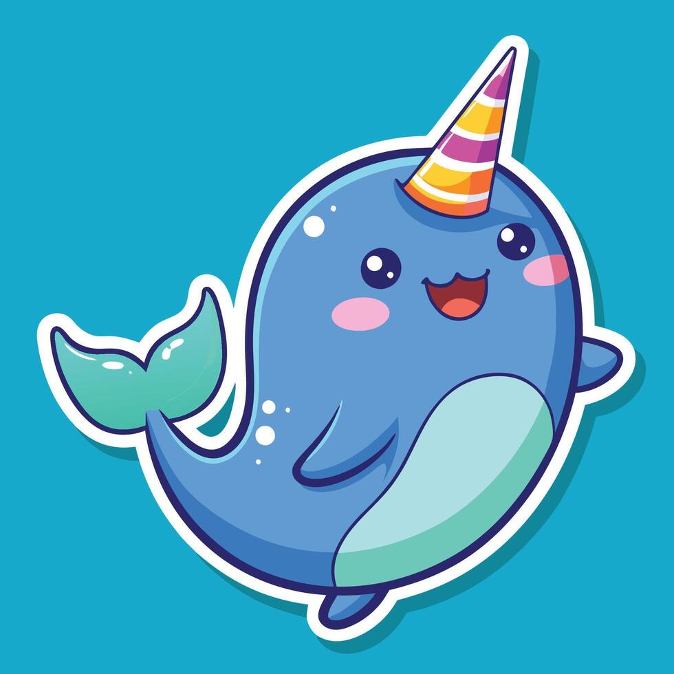 Cute Narwhal Birthday Sticker with Festive Hat and Sweet Smile vector