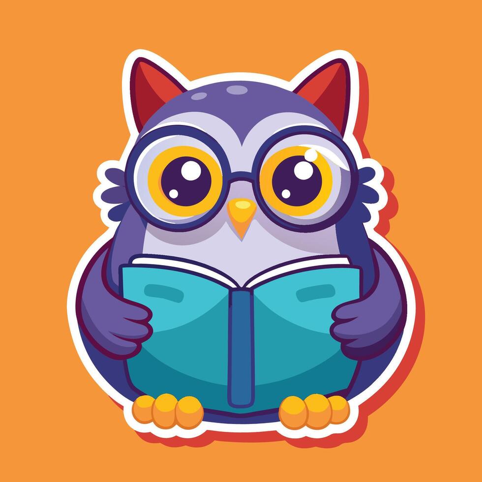 Adorable Owl Sticker Wearing Glasses and Reading a Book vector