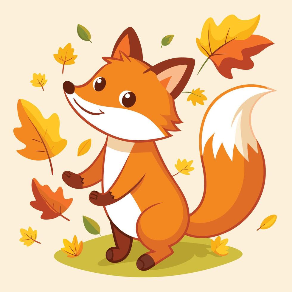Cute Cartoon Fox Frolicking with Autumn Foliage vector
