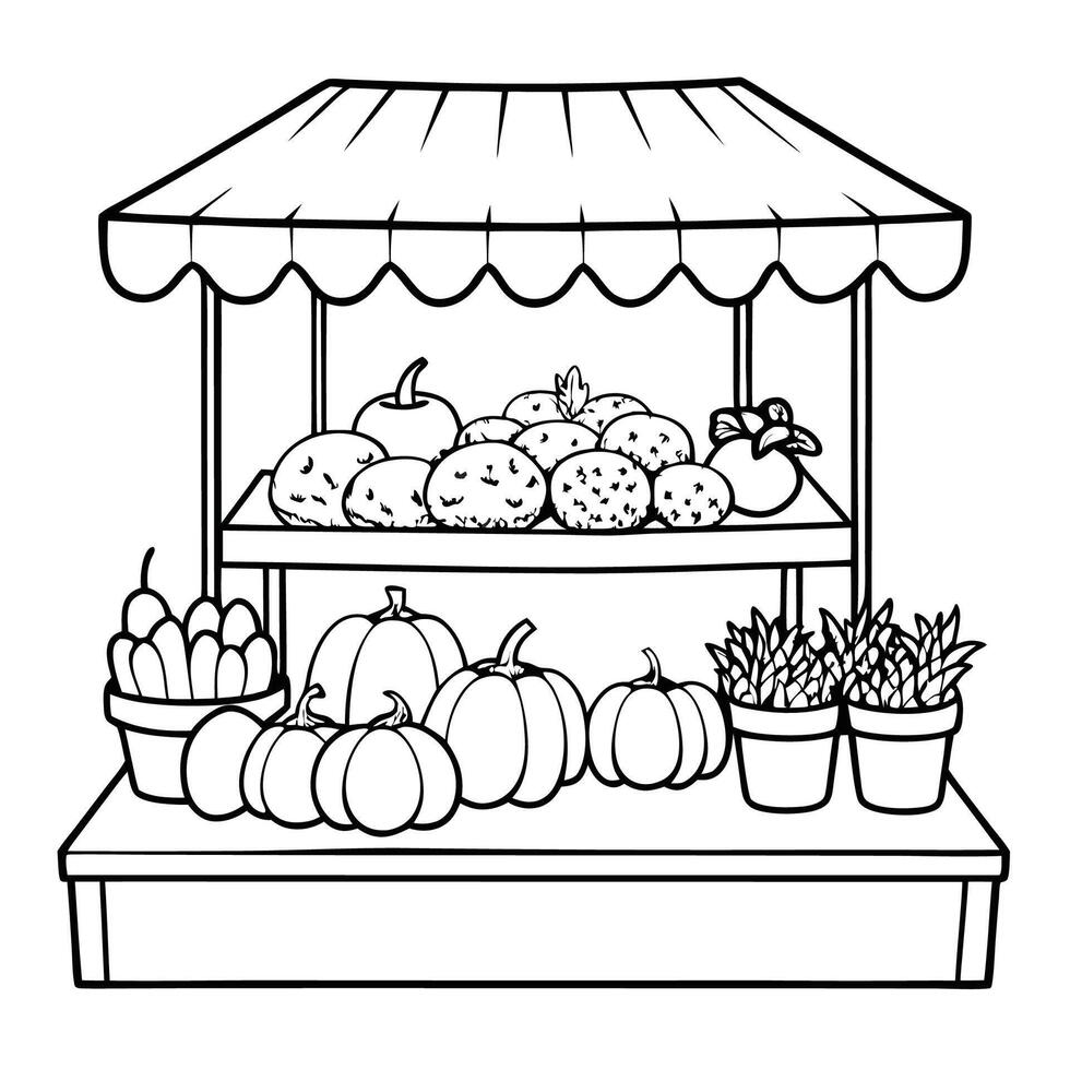 Printable Coloring Page of a Lively Vegetable Market Scene with Three Characters vector