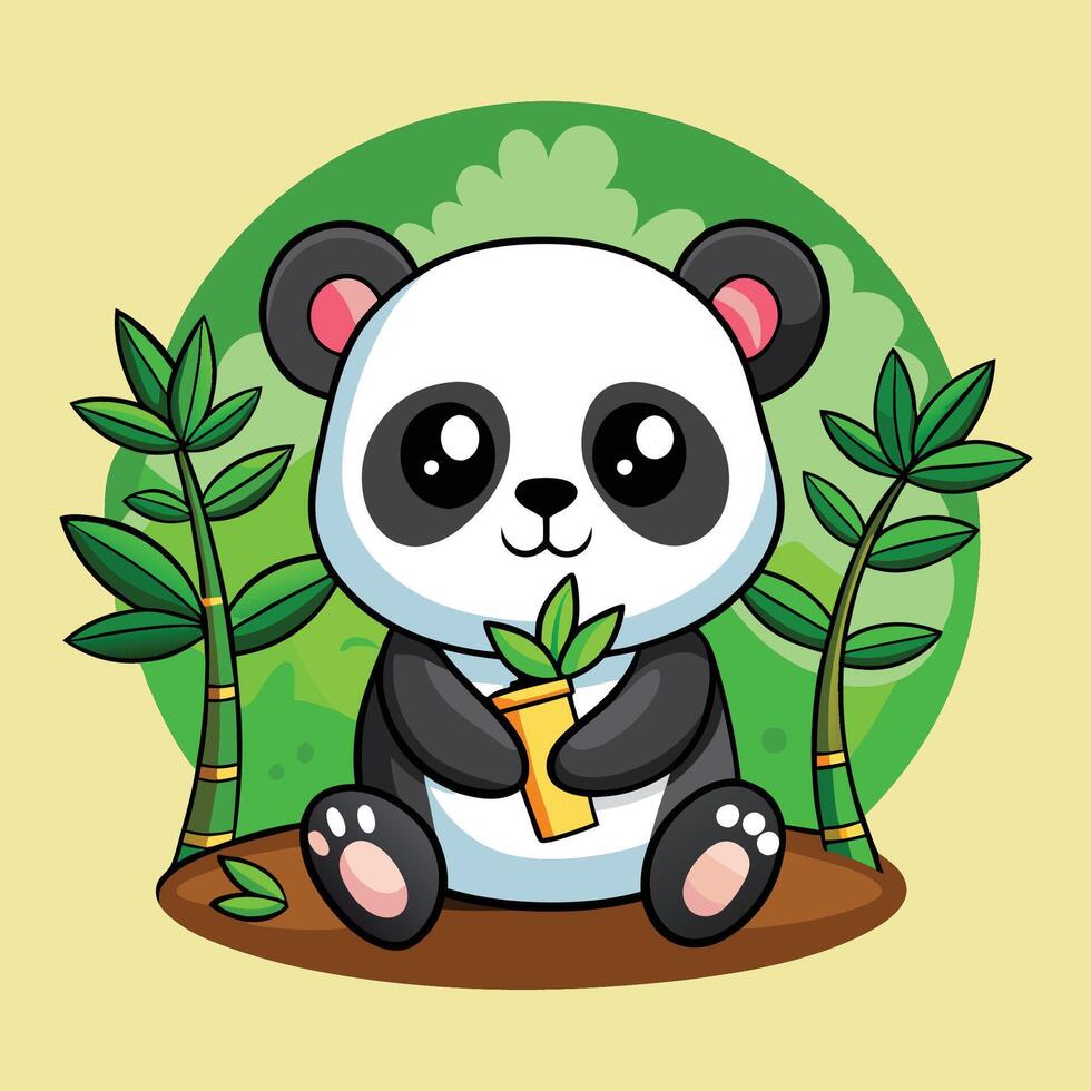 Adorable Cartoon Panda Munching on Bamboo under a Verdant Tree vector