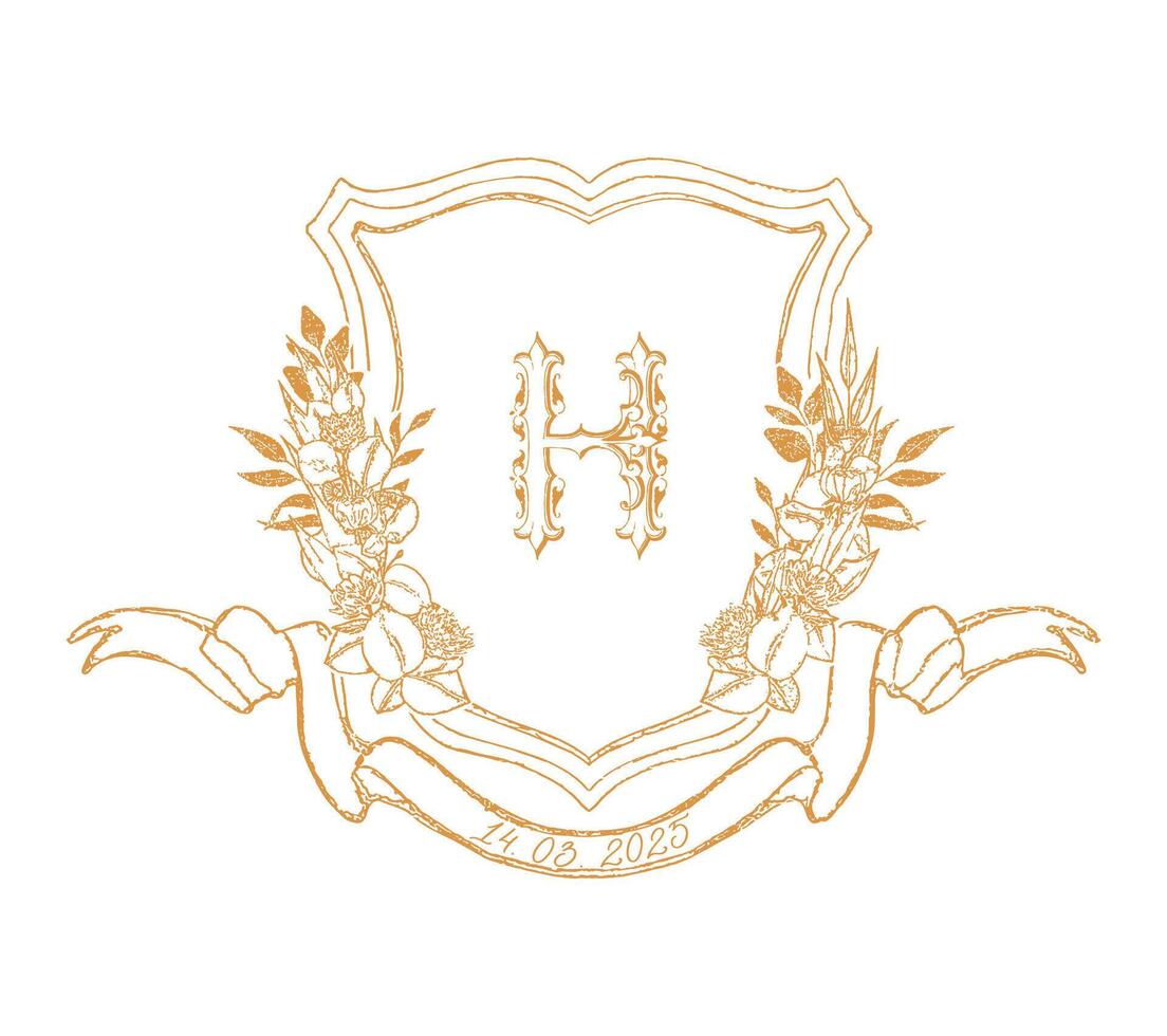 Delicate floral wedding crest design with vintage style monogram H. Can be used in wedding invitation, wedding monogram, print on towels etc. vector
