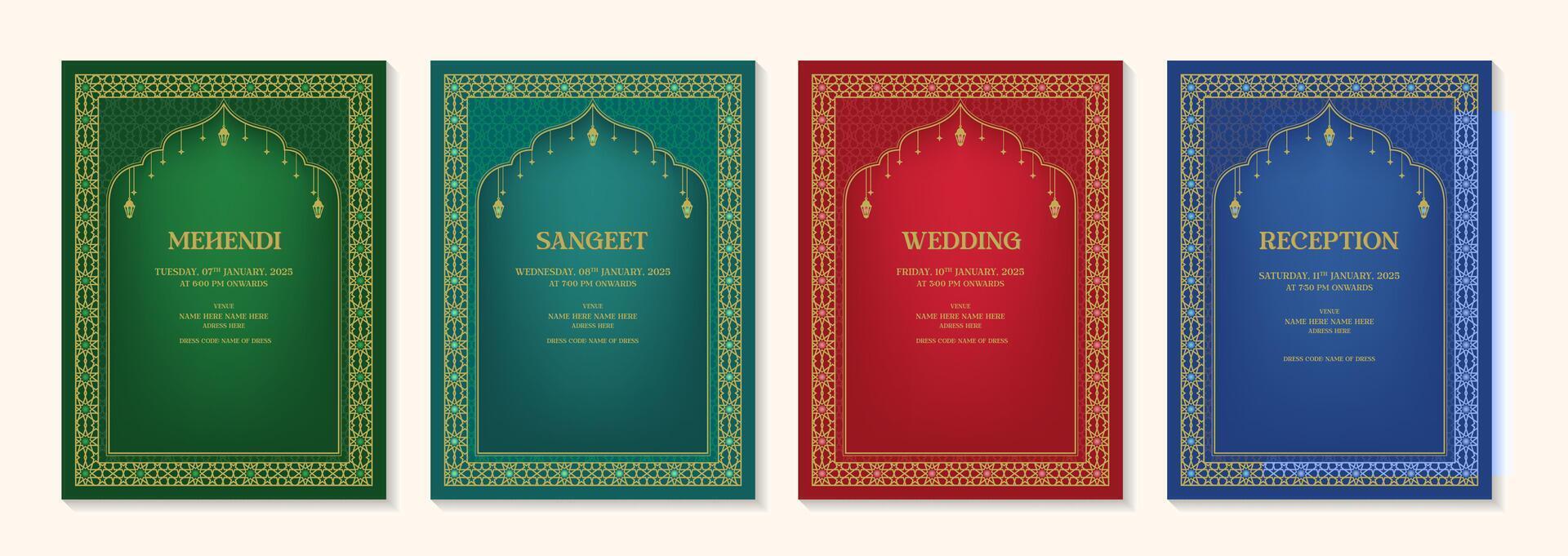 Set of four Islamic-themed wedding invitation cards for Mehendi, Sangeet, Wedding, and Reception, each with gold pattern borders and distinct green, teal, red, and blue backgrounds. vector
