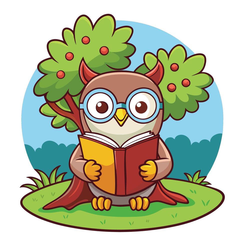 Owl Indulges in Reading Beneath the Canopy of a Majestic Tree vector