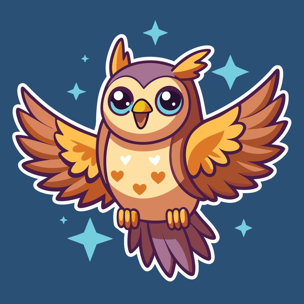 Cartoon Owl Soaring Through a Twinkling Starry Sky with Wings Outstretched vector