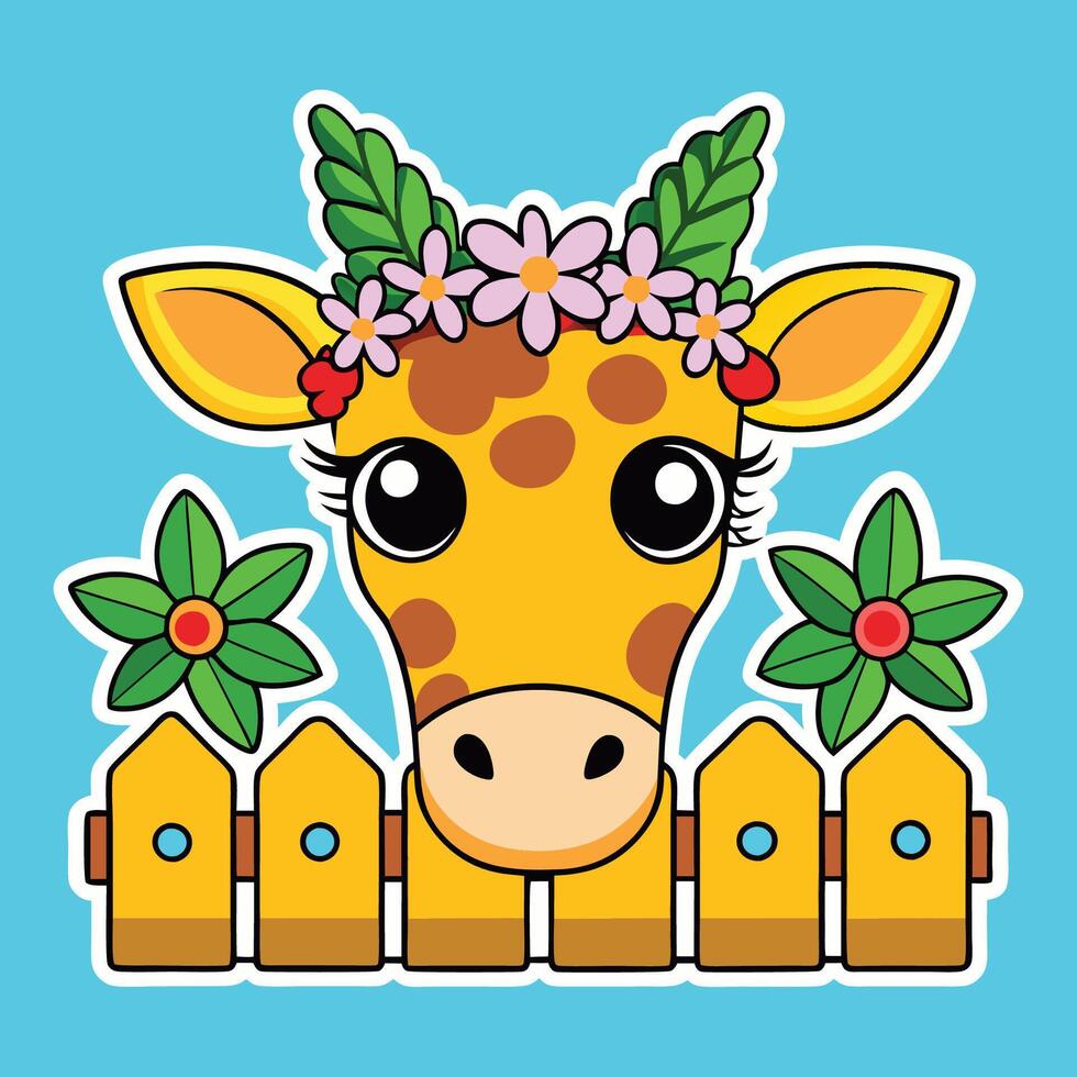 Curious Giraffe Peeking Over the Fence with Brown Spots and Long Neck vector