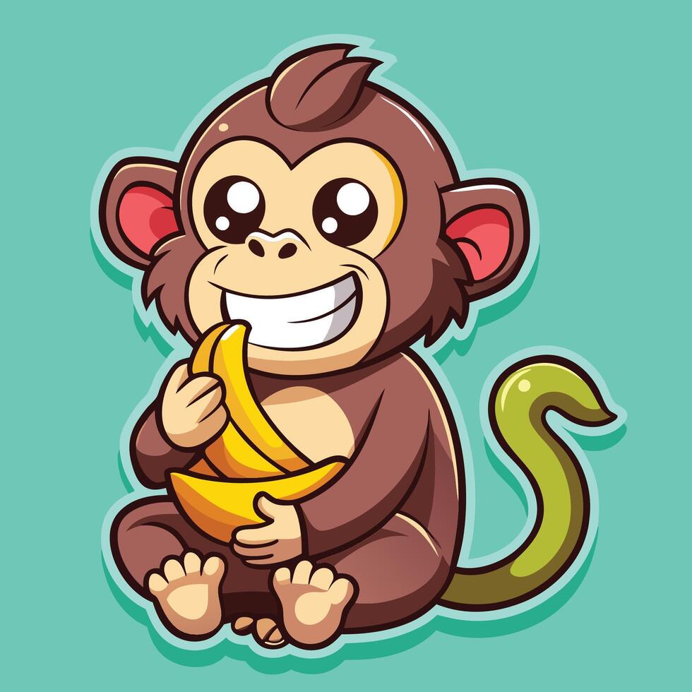 Playful Monkey Delightfully Munching on a Banana in a Cartoon Sticker vector