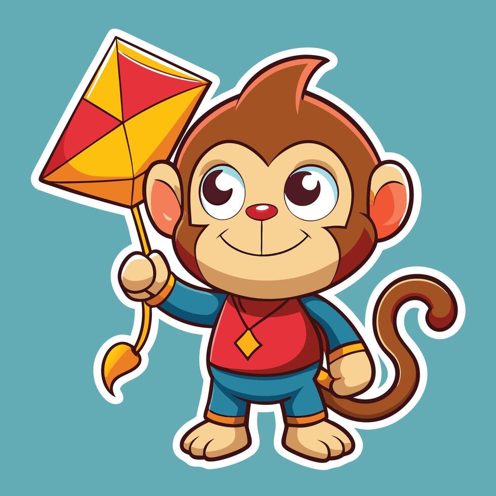 Playful Monkey Cartoon Sticker Delightfully Holding a Vibrant Blue Kite vector