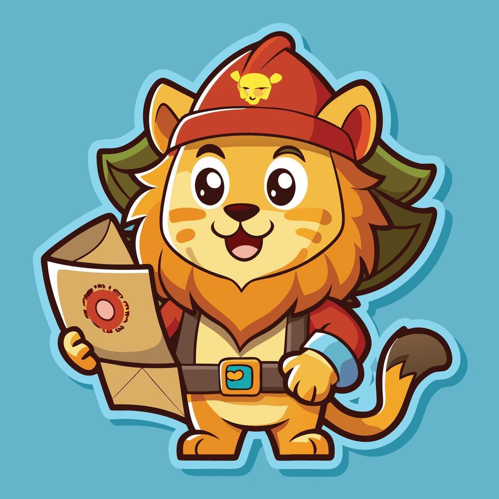 Treasure-Seeking Lion Cartoon with Map Guiding the Way vector