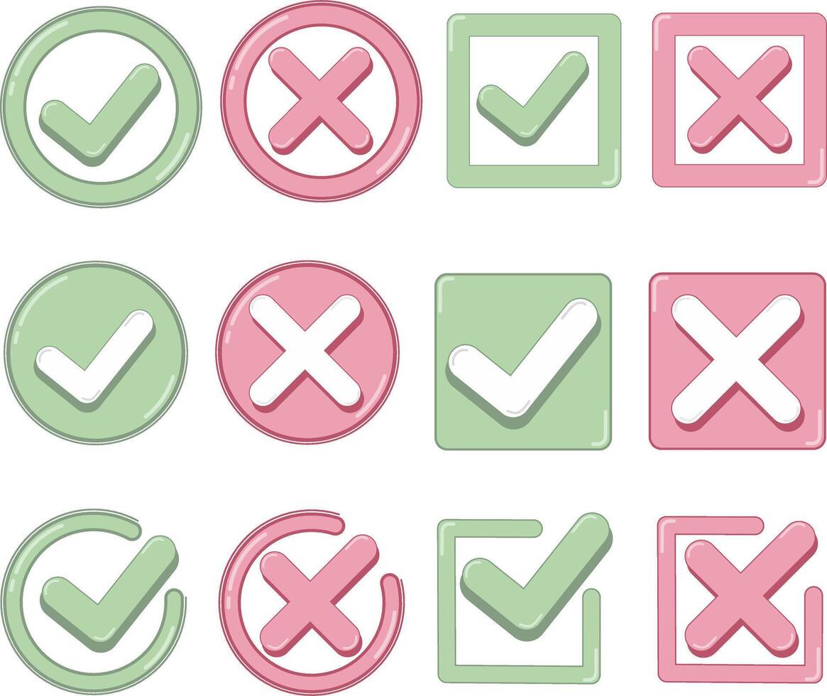 Right and Wrong Sign. Green Tick and Red Cross Symbol Collection Set vector