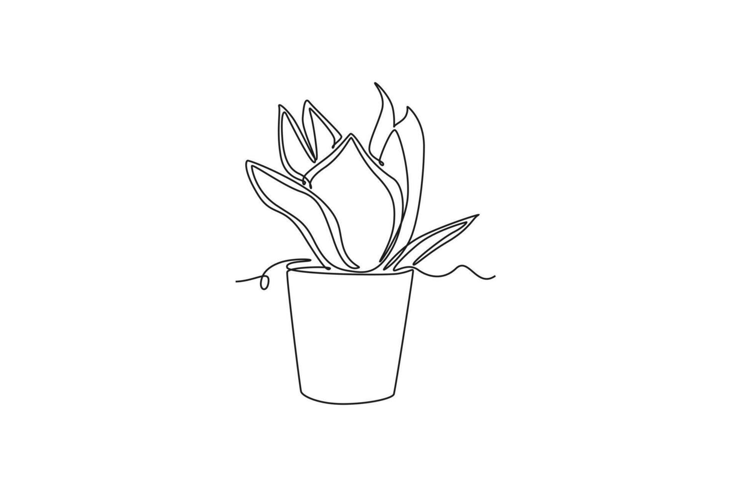 Single one line drawing snake plant in a pot for home decoration logo identity. Fresh evergreen perennial plant concept for plant icon. Modern continuous line draw design graphic illustration vector