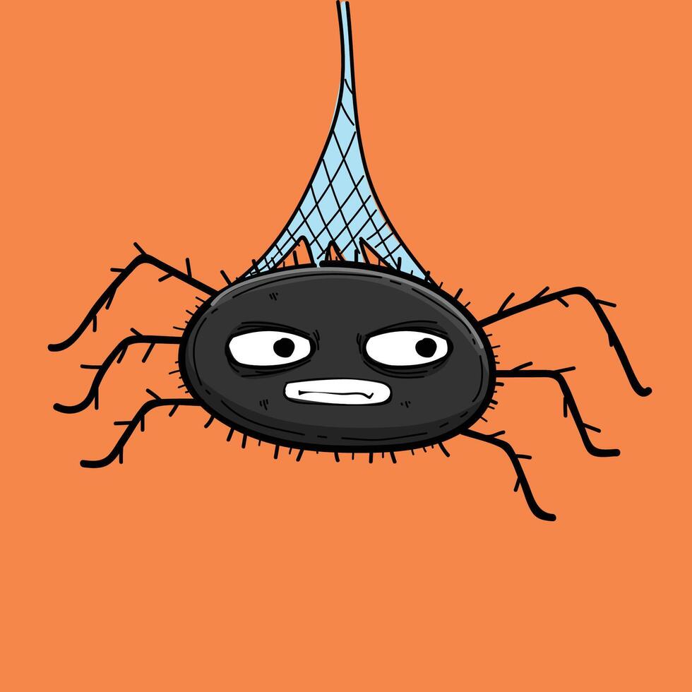 Spider toon with web illustration design isolated in orange background, cute black spider with big eyes and mouth hanging on spiderweb, halloween decoration vector