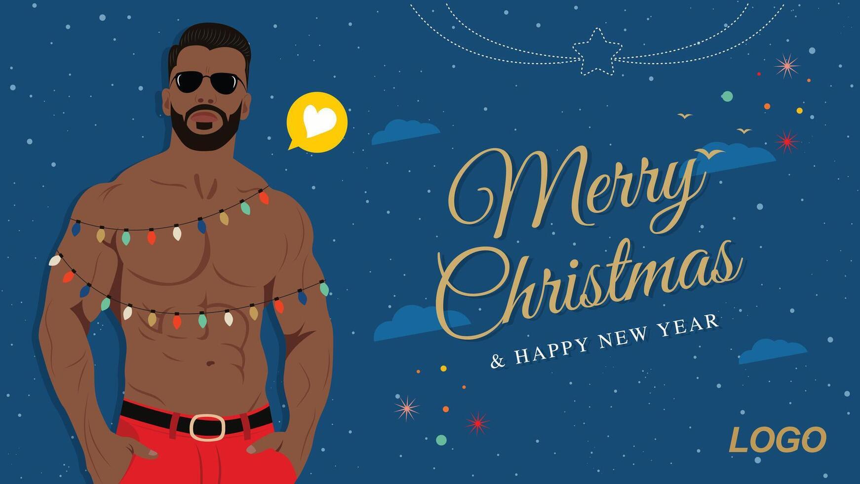 Merry Christmas and Happy New Year banner with a muscle man with a beard vector