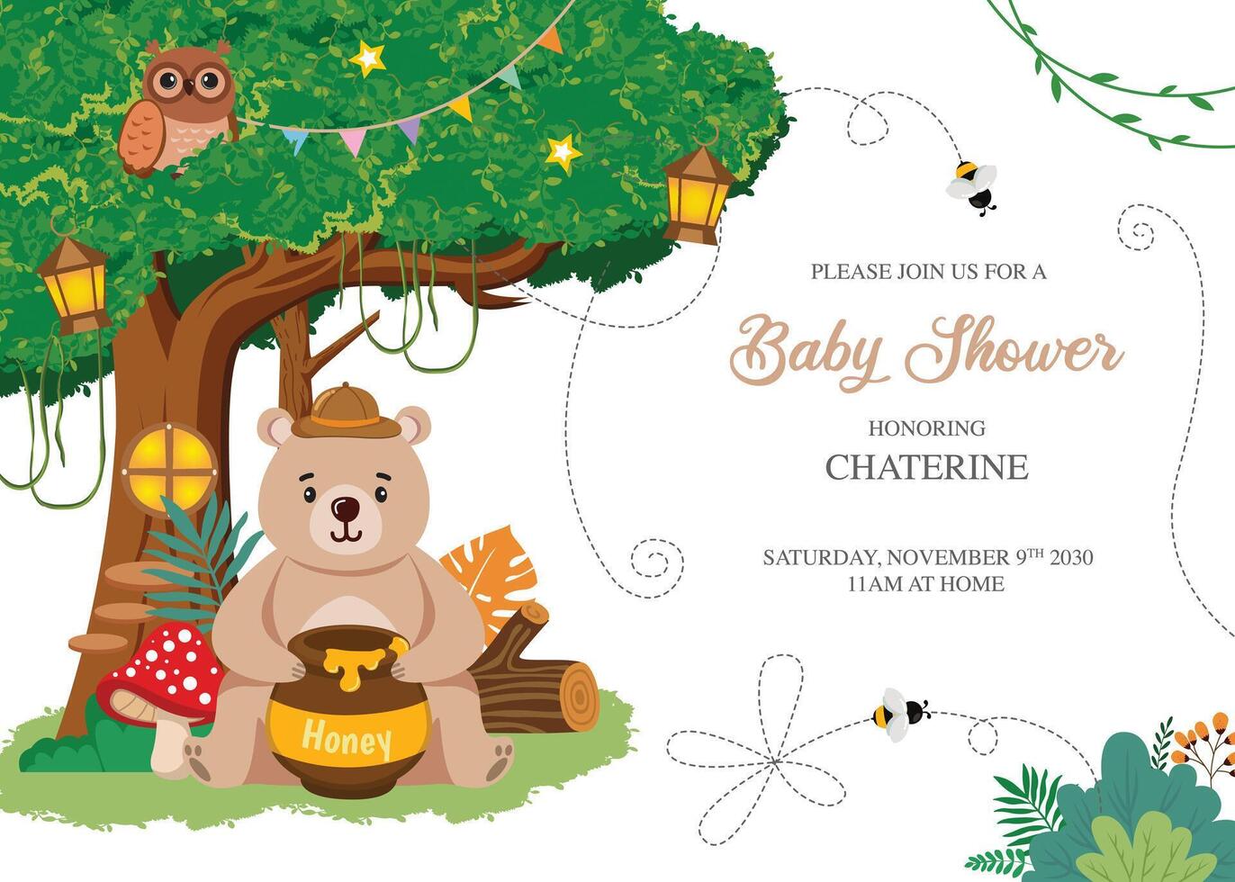 Baby shower invitation with bear and owl vector