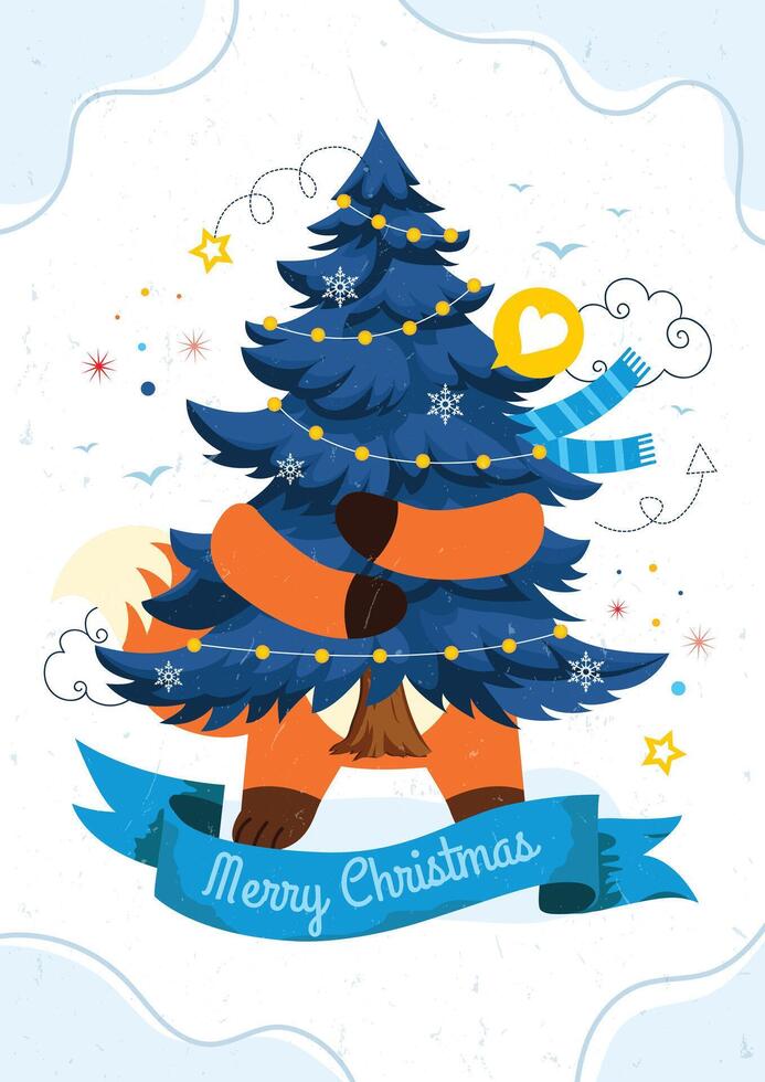 A cartoon fox with a christmas tree and ribbon vector