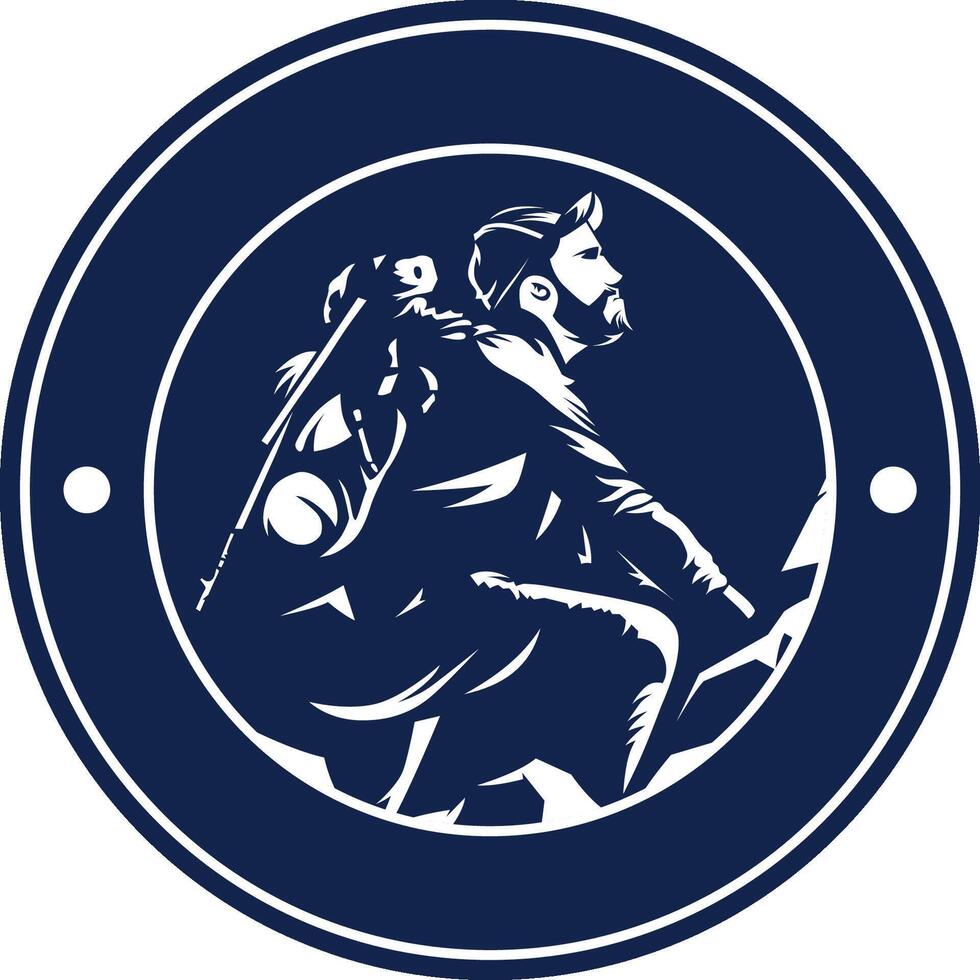Circular mountaineer logo in minimalist retro style in blue color vector