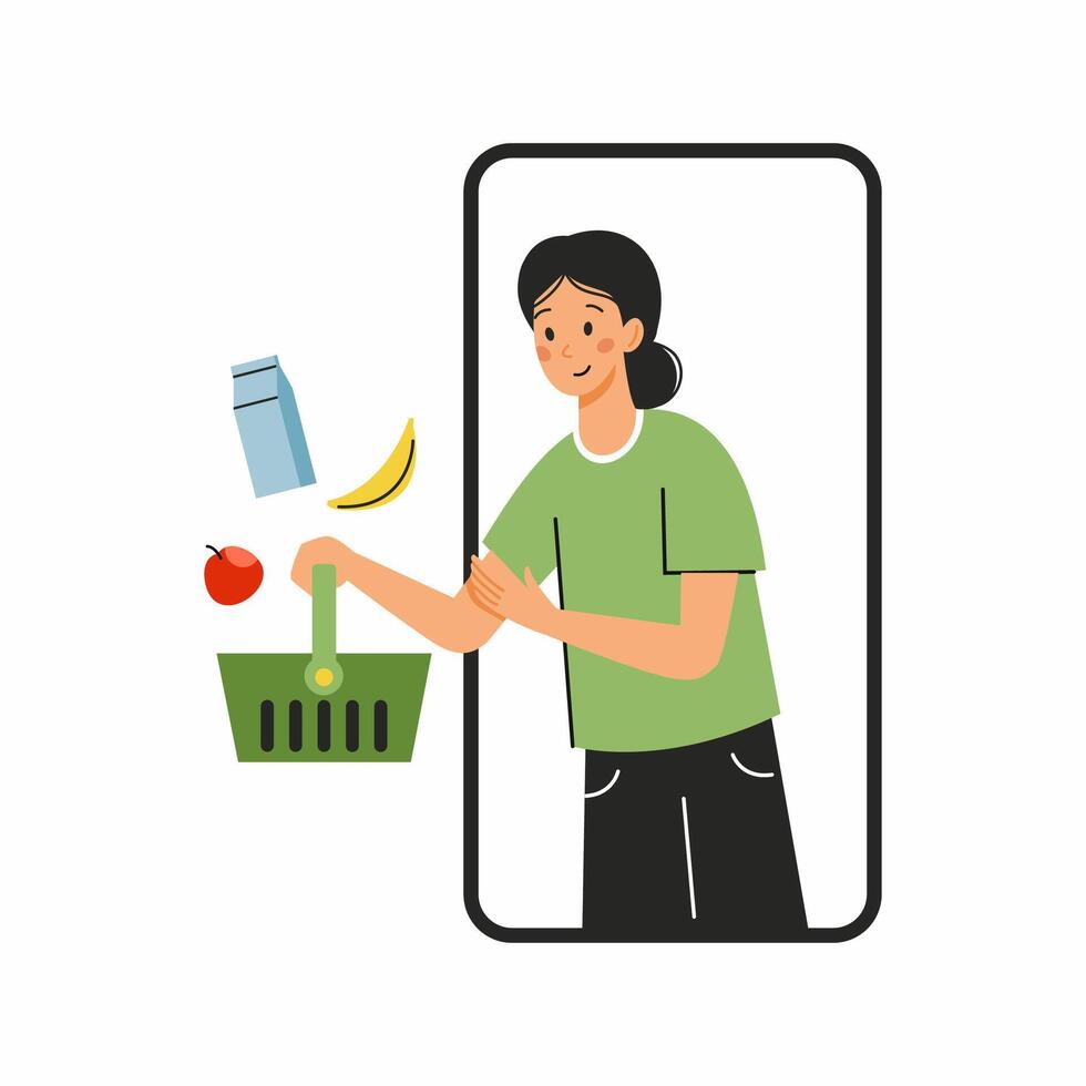woman buys food using her smartphone. Shopping in online store vector