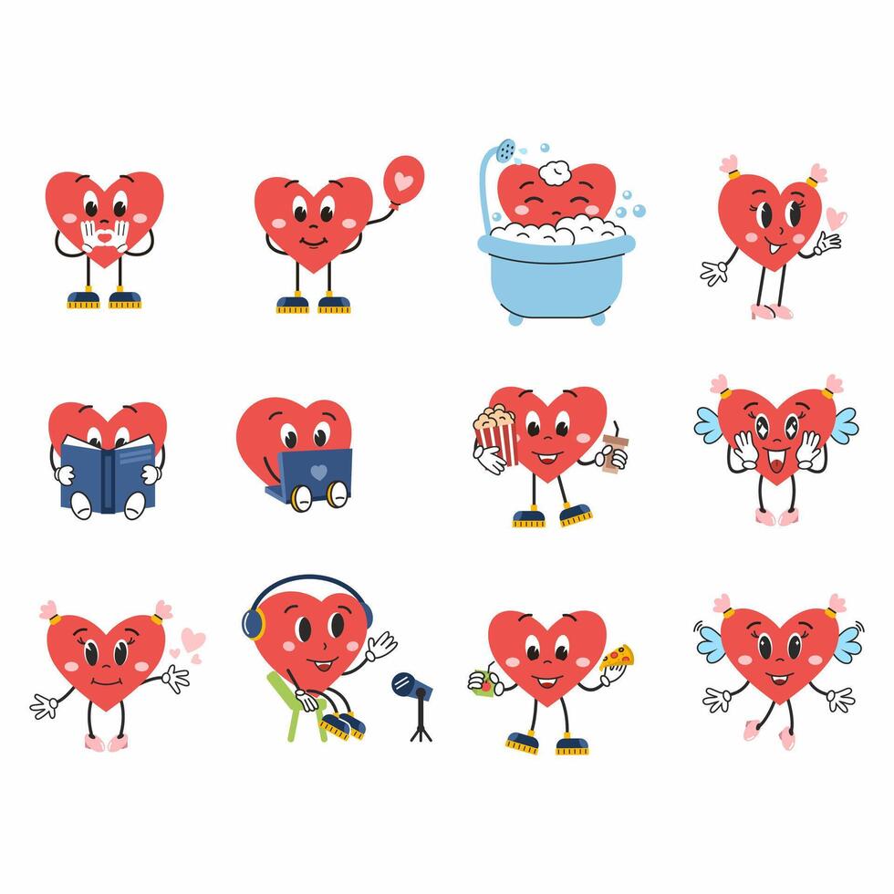 Set of cartoon stickers. Heart is in groove style and performs various actions. Cute character for decoration of postcard. vector