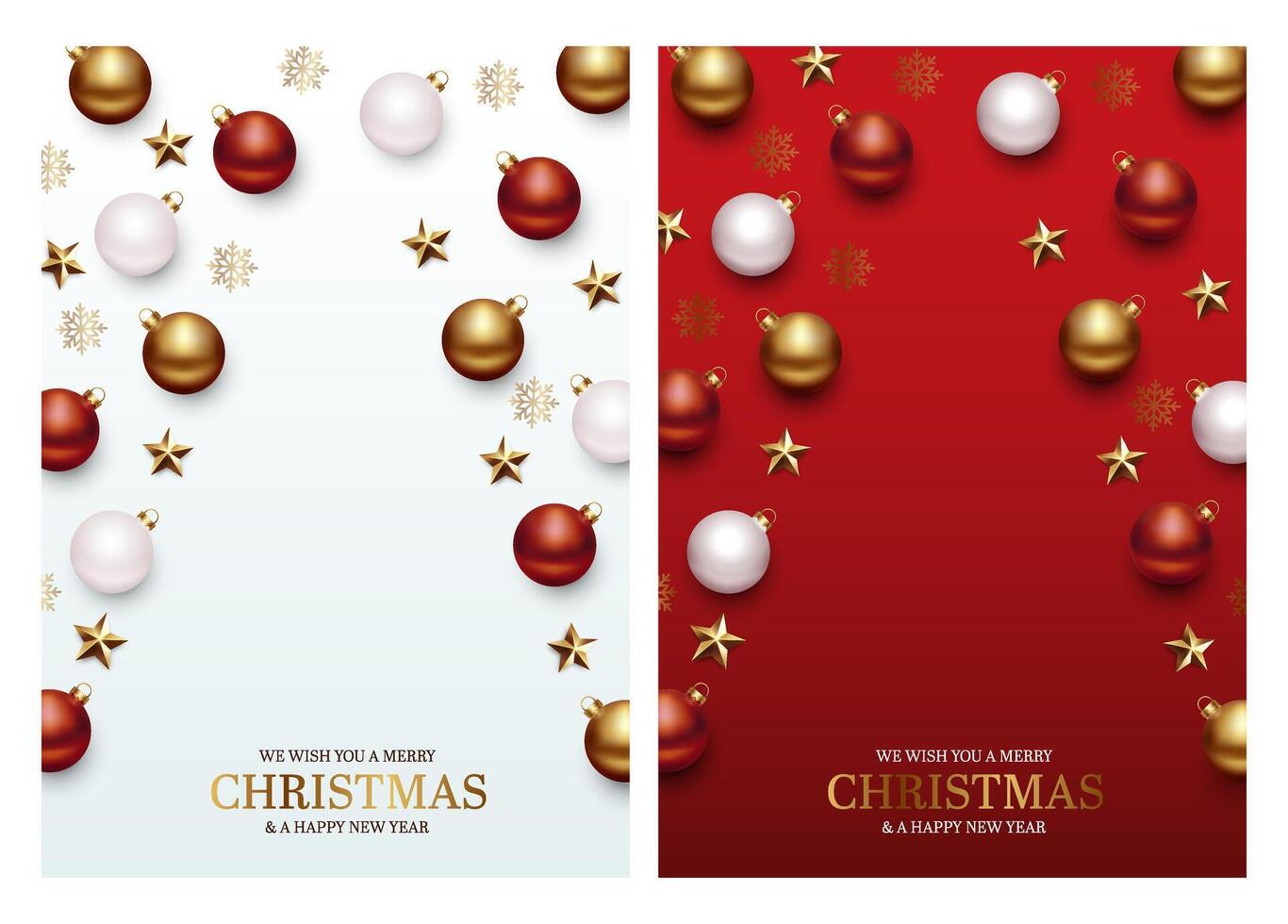Christmas banners with golden, white red ornaments forming a tree shape. Xmas balls and golden stars. Red and white background greetings cards. vector