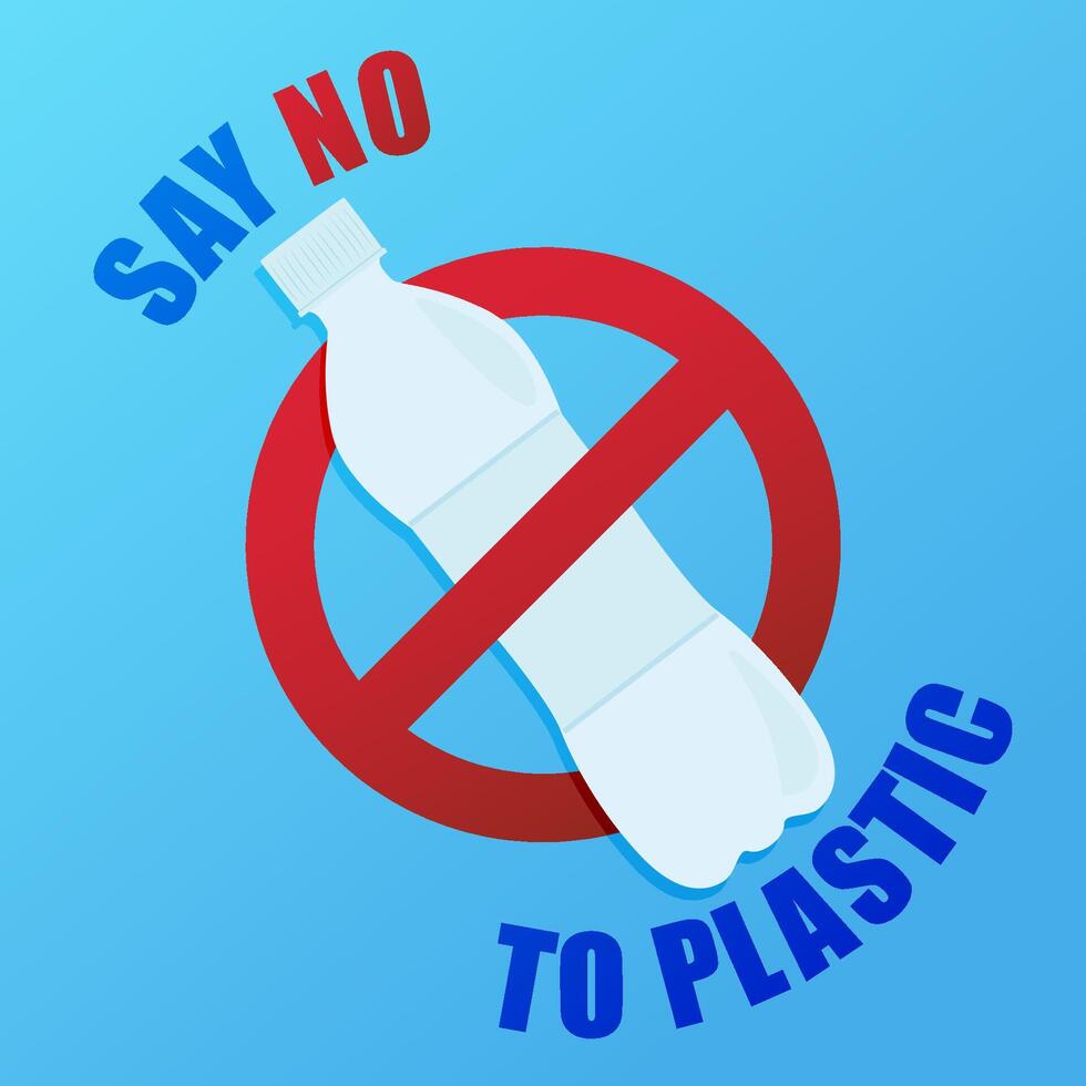 Environmental poster with text. Say no to plastic. Pollution problem concept. Prohibition sign. Plastic bottle. vector