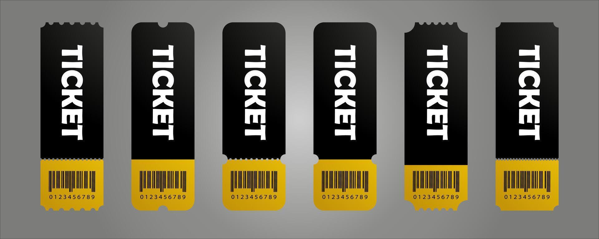 Set of vintage tickets template on dark background with yellow accents. Just add your own text. Collection for excursion routes, retro parties and clubs and other projects. vector