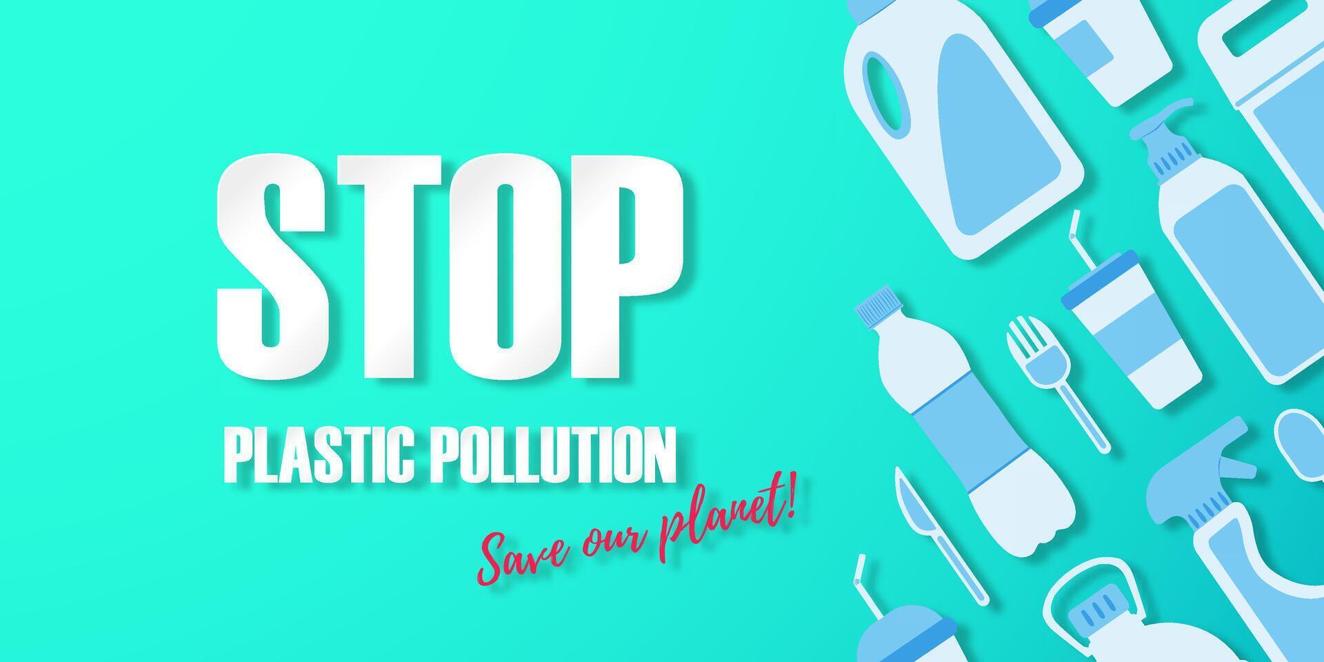 Copy space. Flat lay. Stop plastic pollution. Disposable plastic. Bottle, glass, spoon, knife, canister, spray. Light on the left. Flat style items on the right. vector