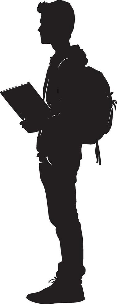 A boy student holding book carry backpack silhouette vector