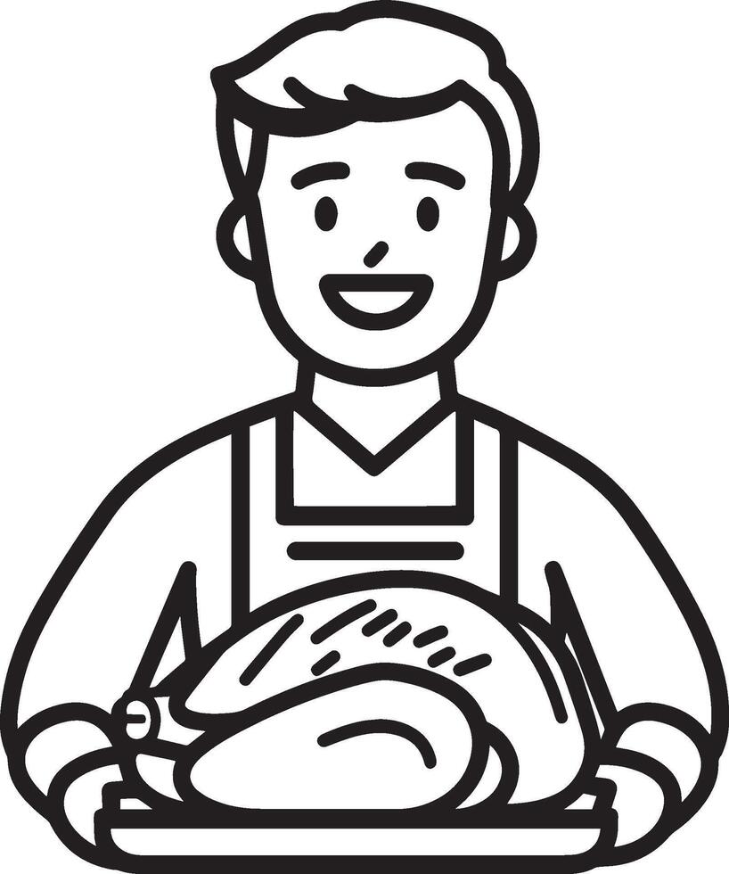 Smiling man holding a tray with roasted turkey for thanksgiving clean simple icon outline black vector
