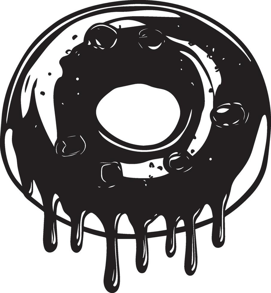 a black and white drawing of a donut with a dripping liquid vector