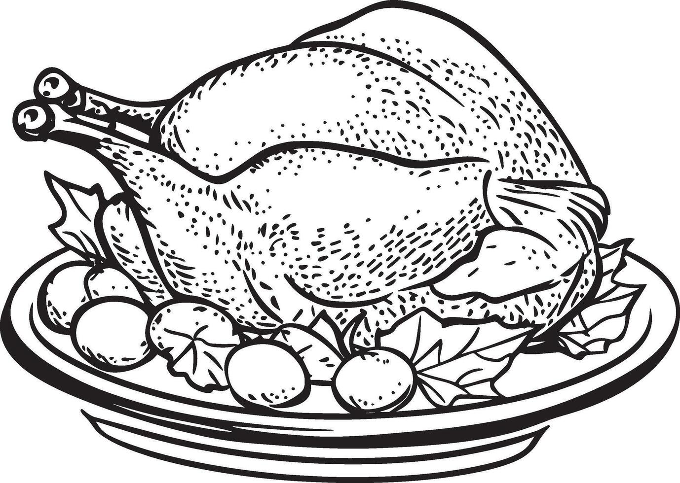 a turkey on a plate with fruit and leaves coloring page vector