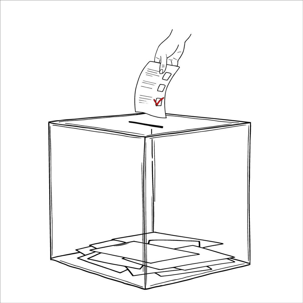 Voting paper with red checkmark inserting into transparent ballot box hand drawn isolated illustration. Putting the choice sketch. Election day concept for brochure, promotional, poster vector