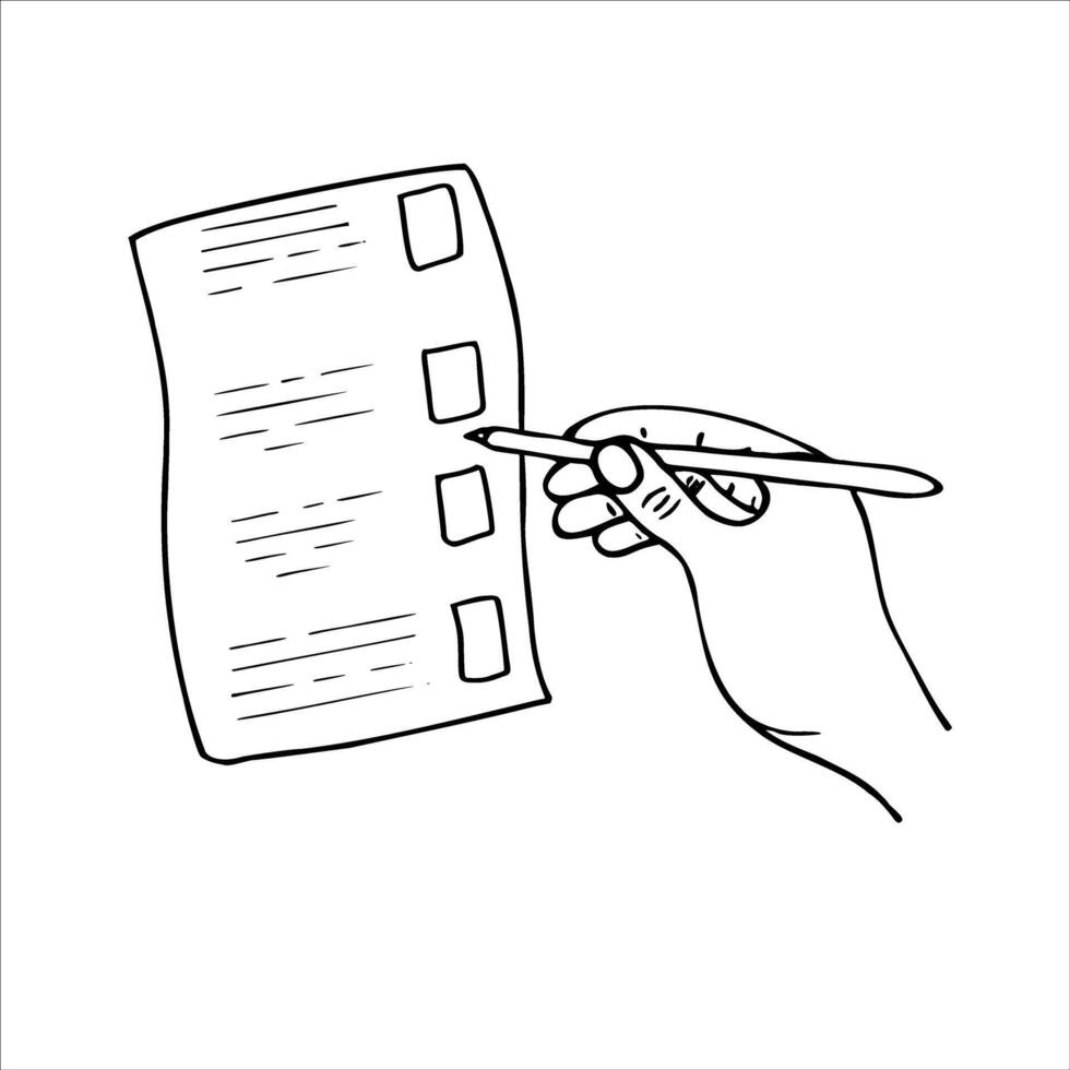 Hand holds pen and marks on planner or business organizer sketch in black and white graphic. To do list or questionnaire illustration. For web sites, apps, stores. Concept of survey, quiz vector