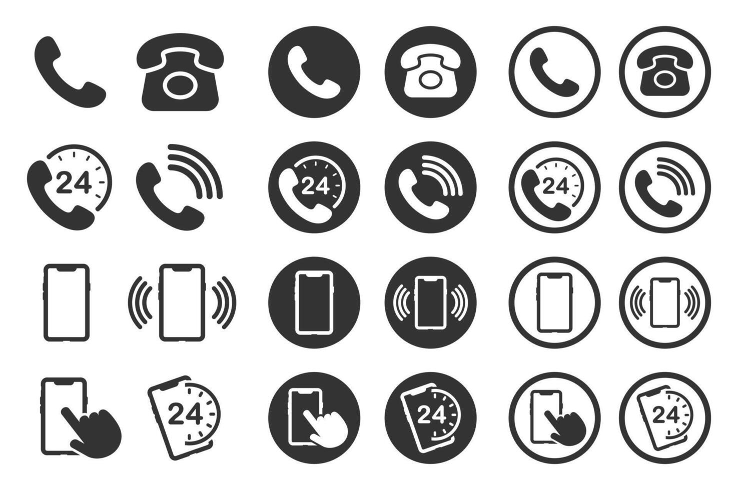 Phone contact connection icon symbol set. Smartphone, Old phone logo sign shape collection. 24 7 hour service. illustration image. Isolated on white background. vector